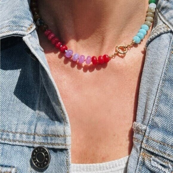 Chunky Beaded Choker waterproof Gold Charm Clasp Colorful Gemstone Necklace CUTE - Picture 10 of 12
